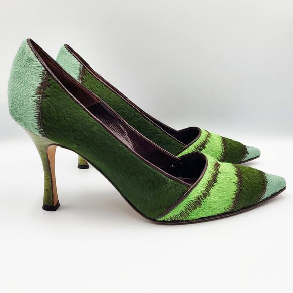 Manolo Blahnik Green Striped Pony Hair Pumps Brown Leather Trim Women's Sz 35.5 - Picture 2 of 11